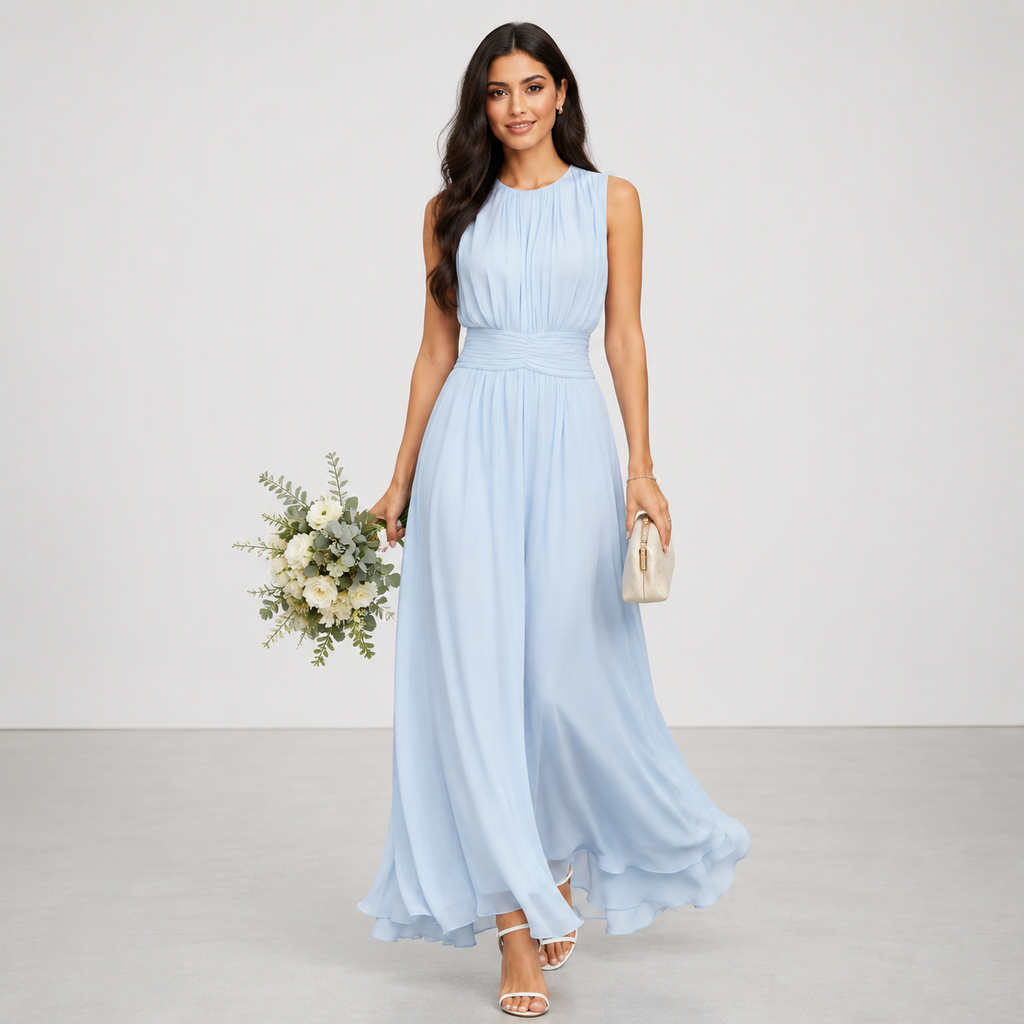 Ruched Chiffon Sleeveless A-Line Maxi Dress