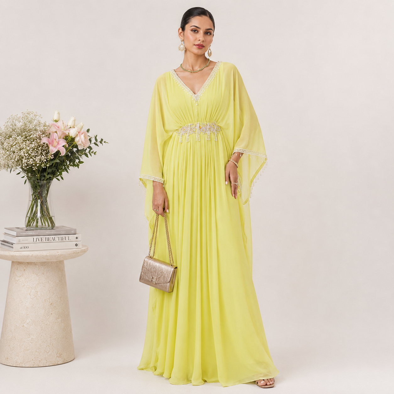 Lime Green Embellished Chiffon Kaftan with Handcrafted Beadwork