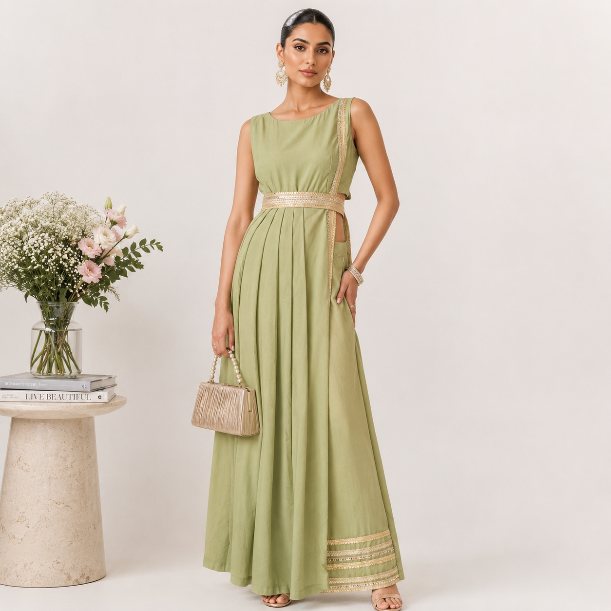 Pastel Green Chanderi Kurta Set with Matching Belt