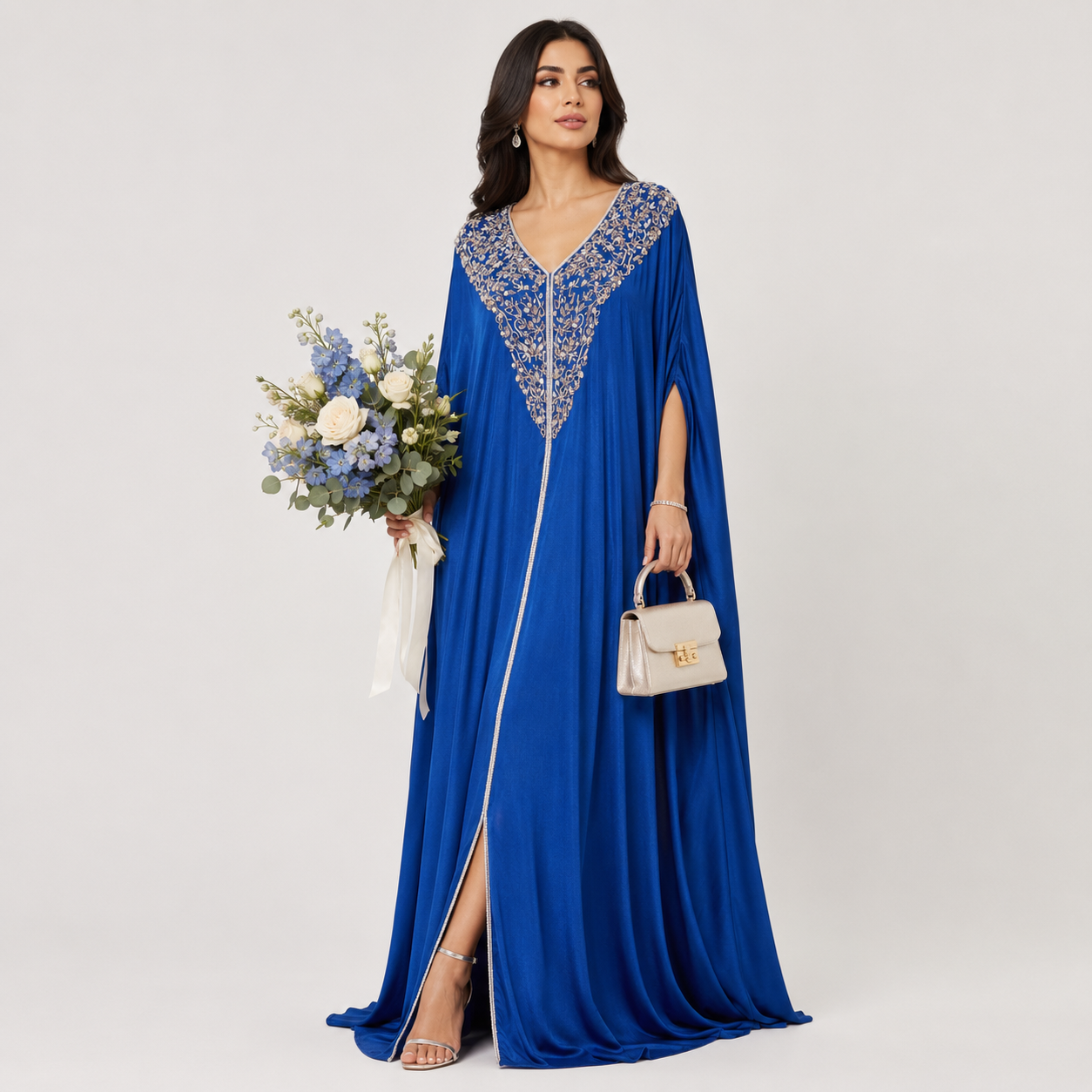 Blue Chiffon Kaftan with Delicate Hand Embroidery