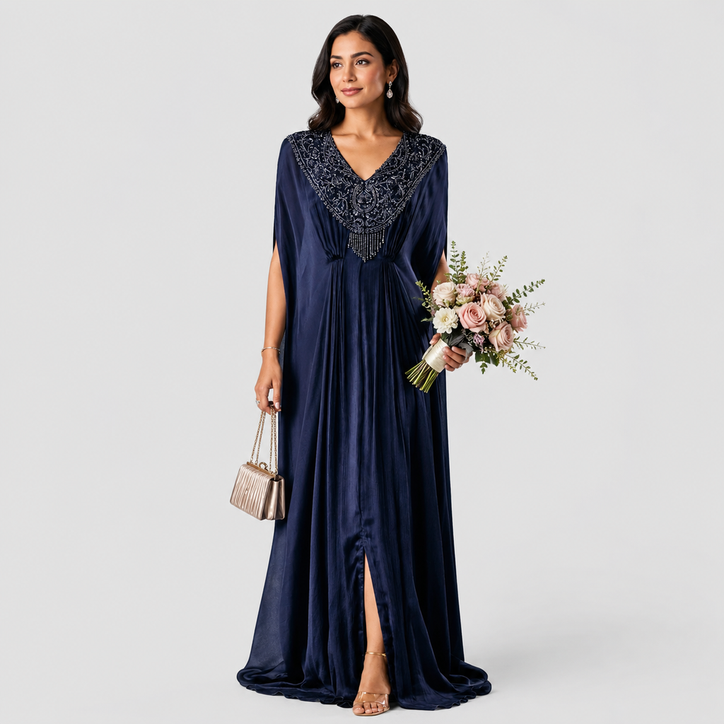 Deep Blue Kaftan with Side Slit and Embellishment