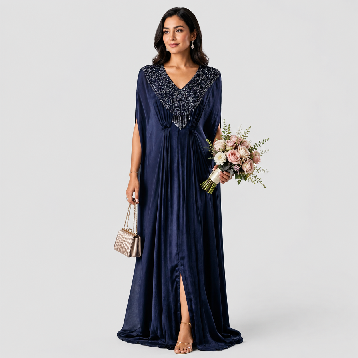 Deep Blue Kaftan with Side Slit and Embellishment