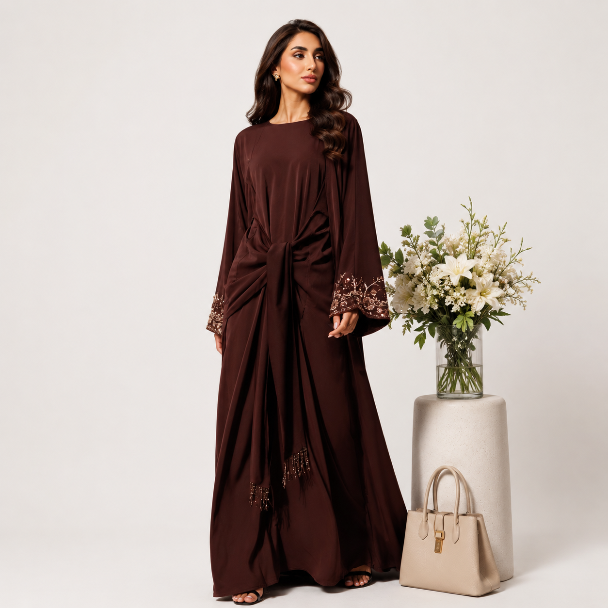 Brown Embellished Open Abaya with Gold Floral Detail