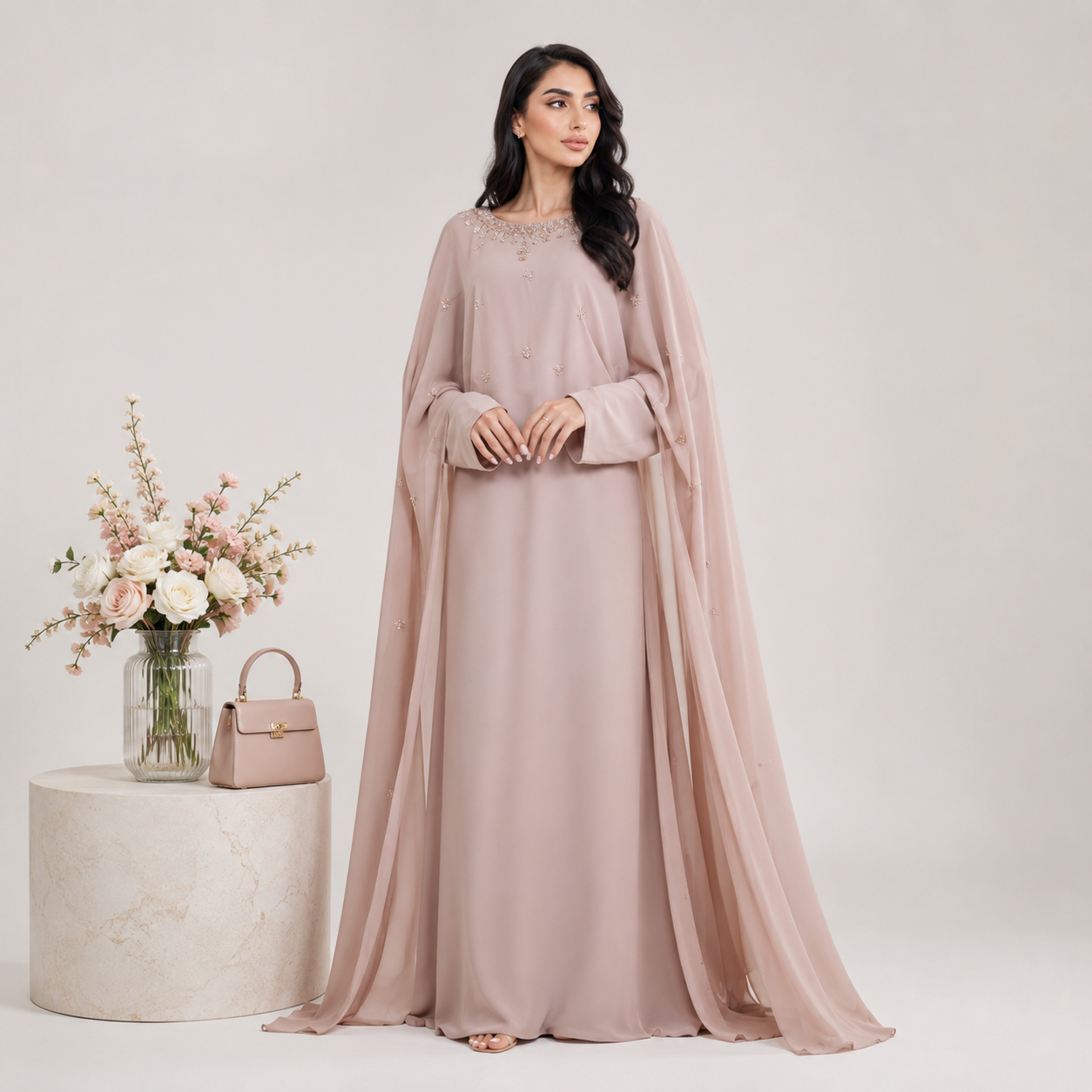 Pink Chiffon Cape Abaya with Beaded Neckline and Belt
