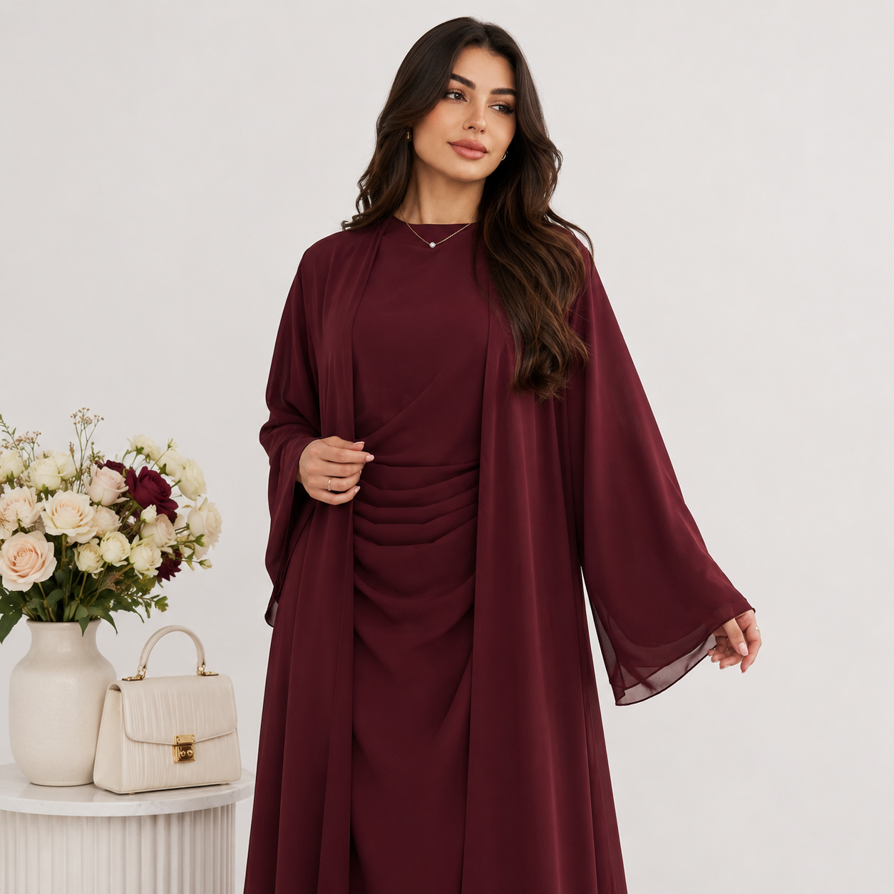 Maroon Chiffon Abaya with Pleated Inner Slip