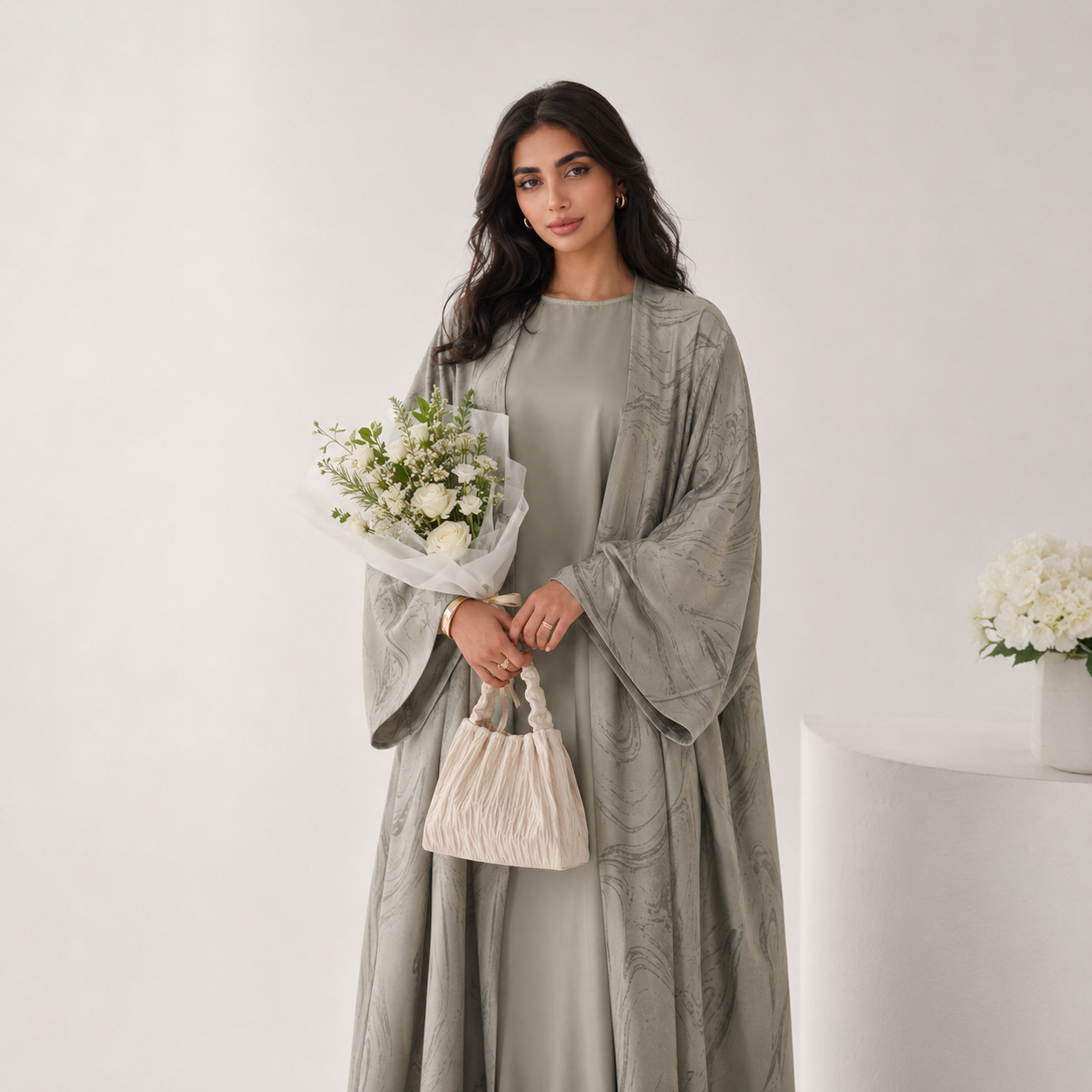 Sage Green Marble Open Abaya Set