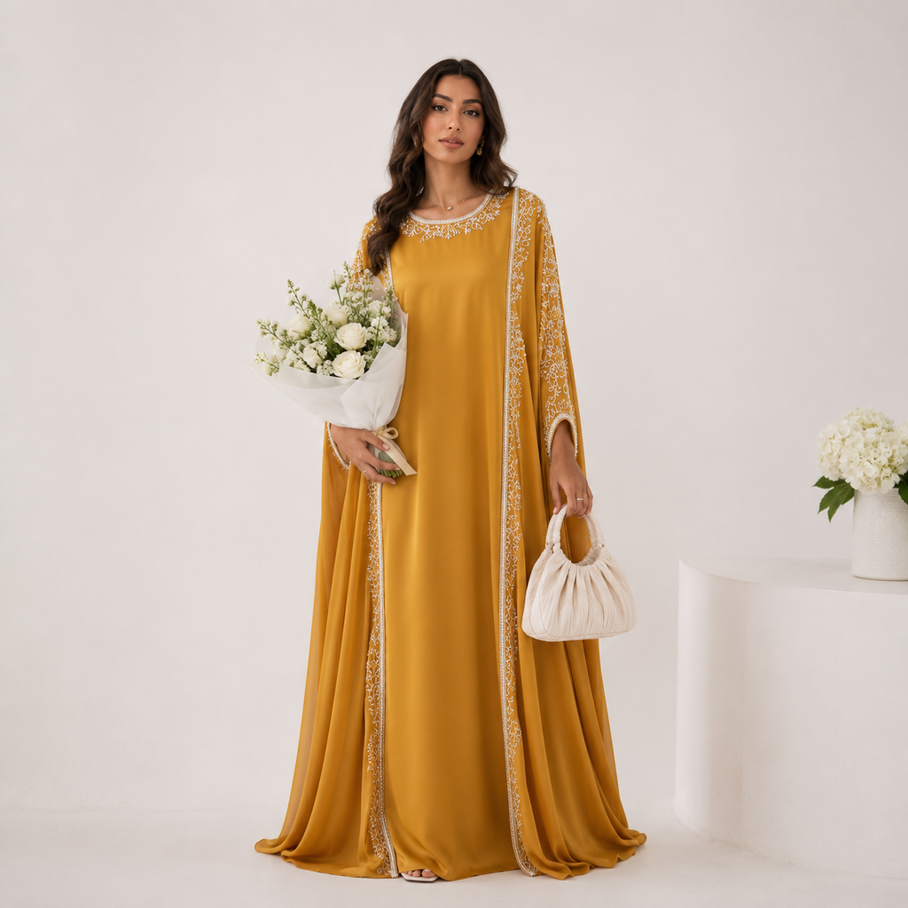 Mustard Yellow Handworked Abaya