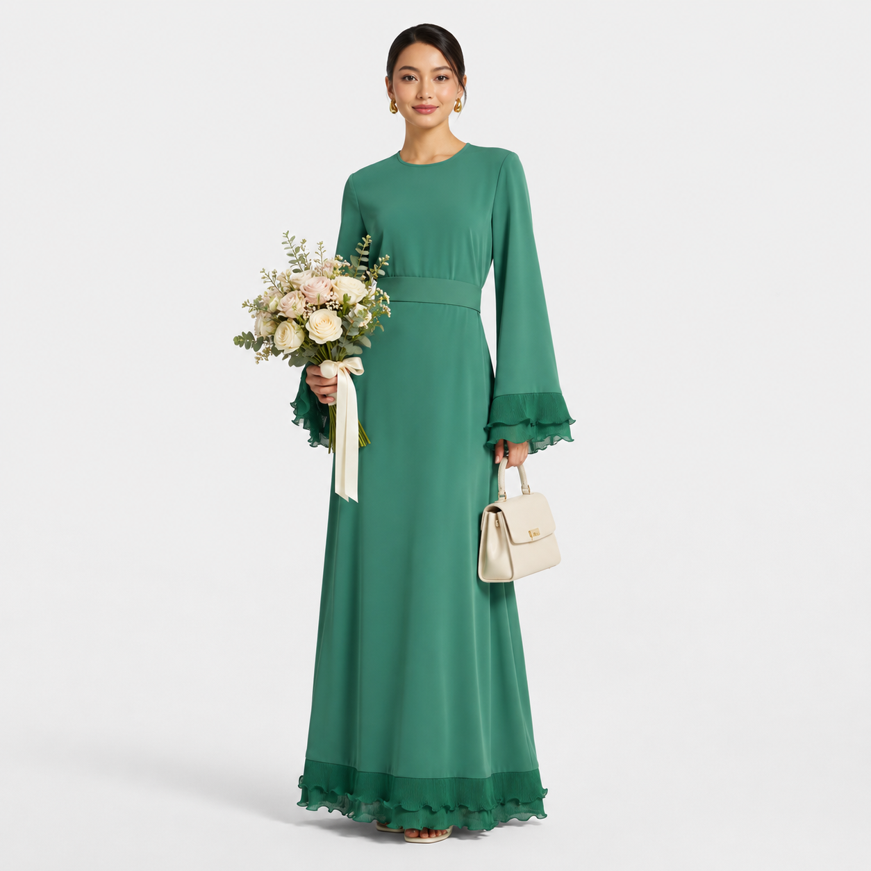 Sage Mist Plissé Sleeve Modest Maxi Dress
