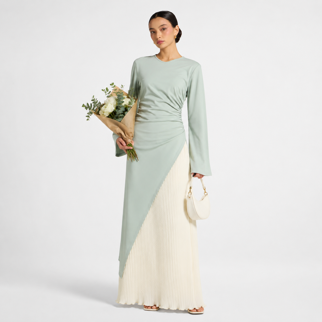 Azure Blue Asymmetric Midi Tunic Top with Ruched Waist