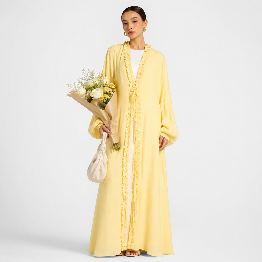 Sunlit Yellow Ruffle Tie-Front Abaya