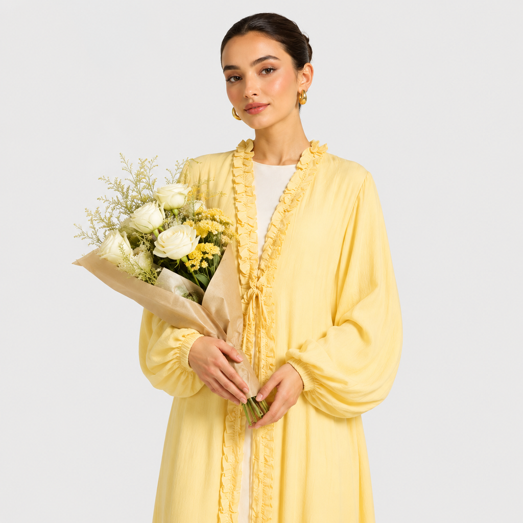 Sunlit Yellow Ruffle Tie-Front Abaya