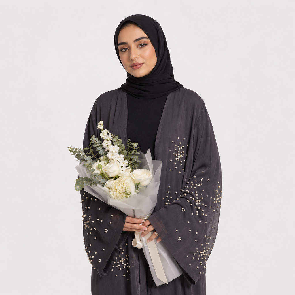 Dark Grey Embellished Open Abaya