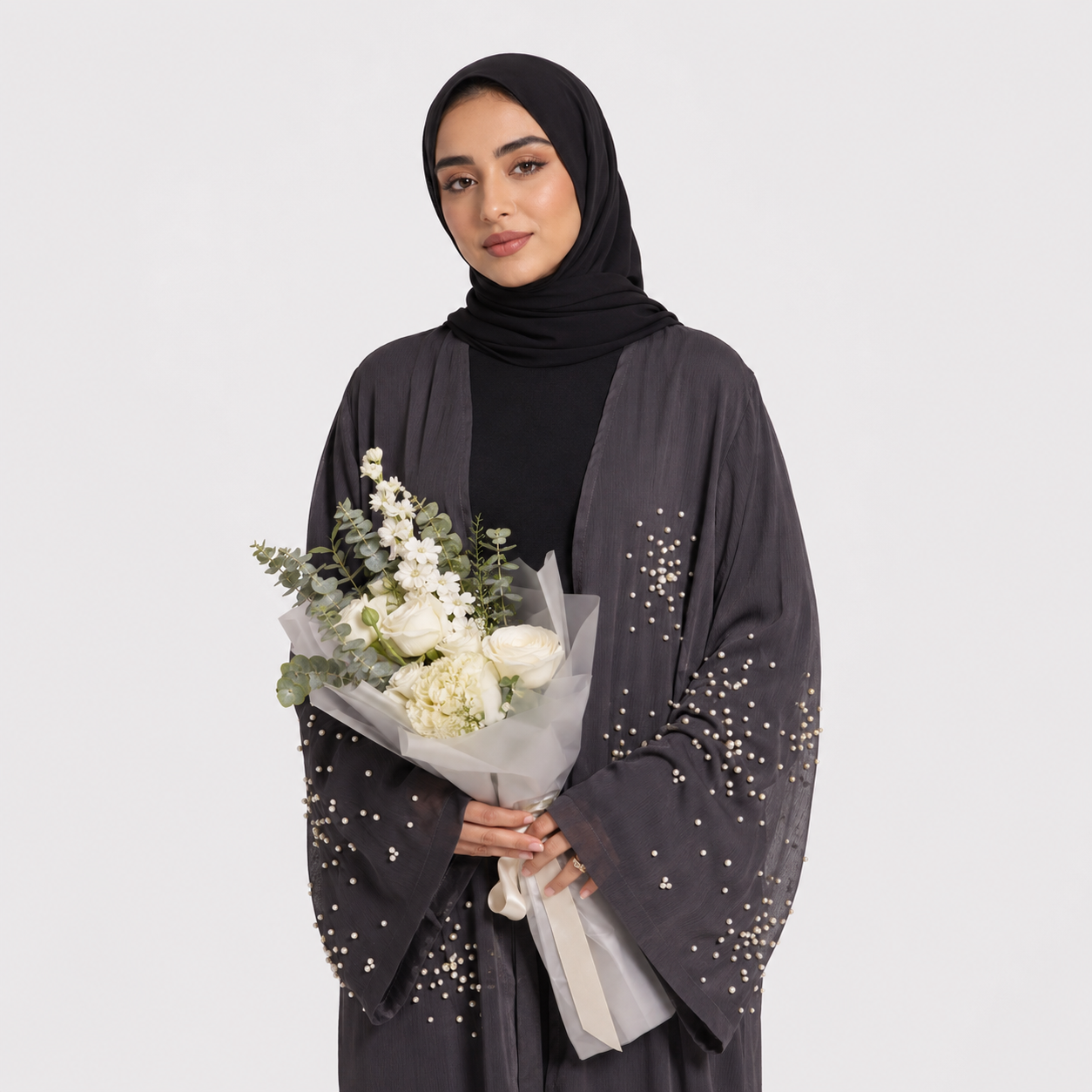 Dark Grey Embellished Open Abaya