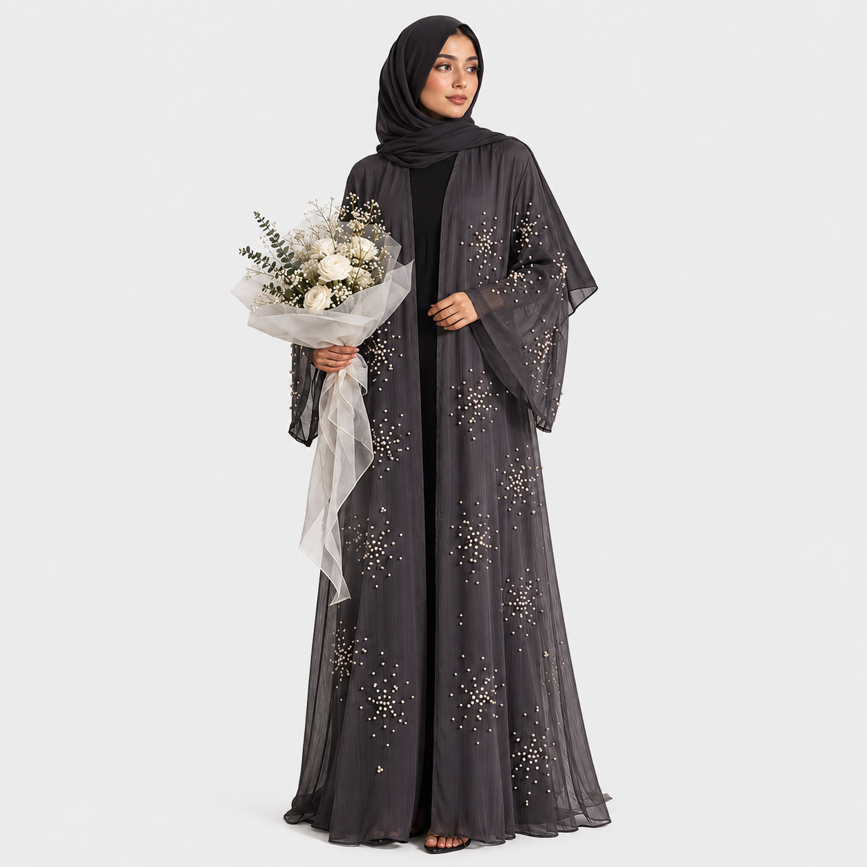 Dark Grey Embellished Open Abaya