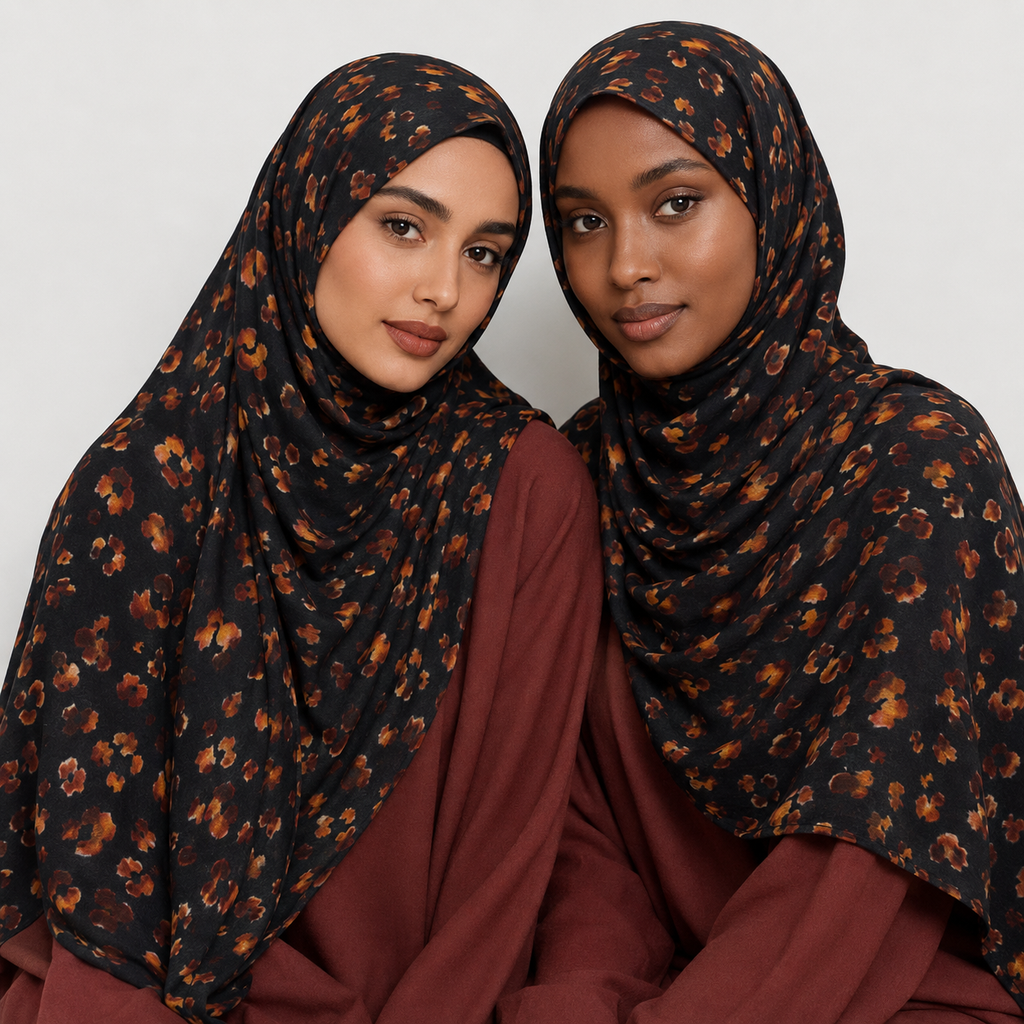 Black and Orange Printed Modal Hijab