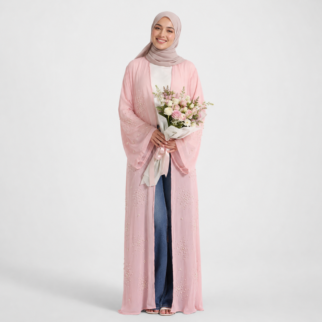 Baby Pink Pearl Embellished Open Abaya