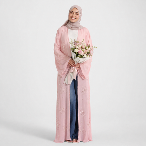 Baby Pink Pearl Embellished Open Abaya