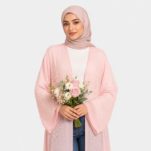 Baby Pink Pearl Embellished Open Abaya