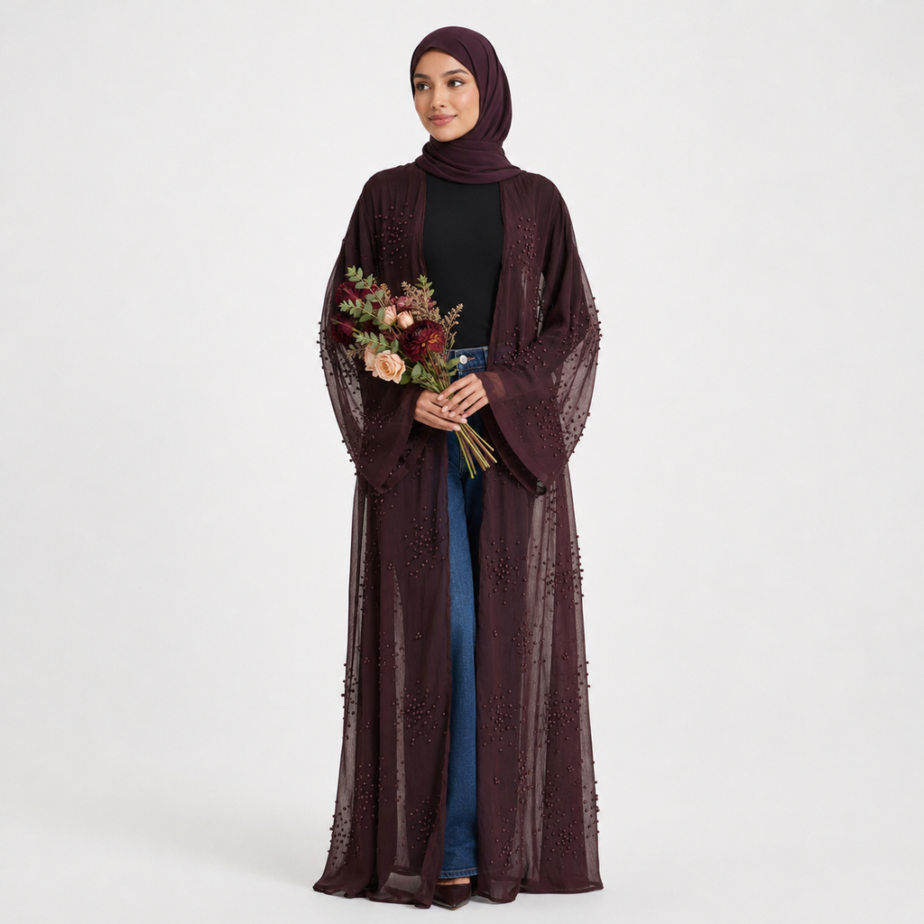 Chocolate Plum Pearl Open Abaya