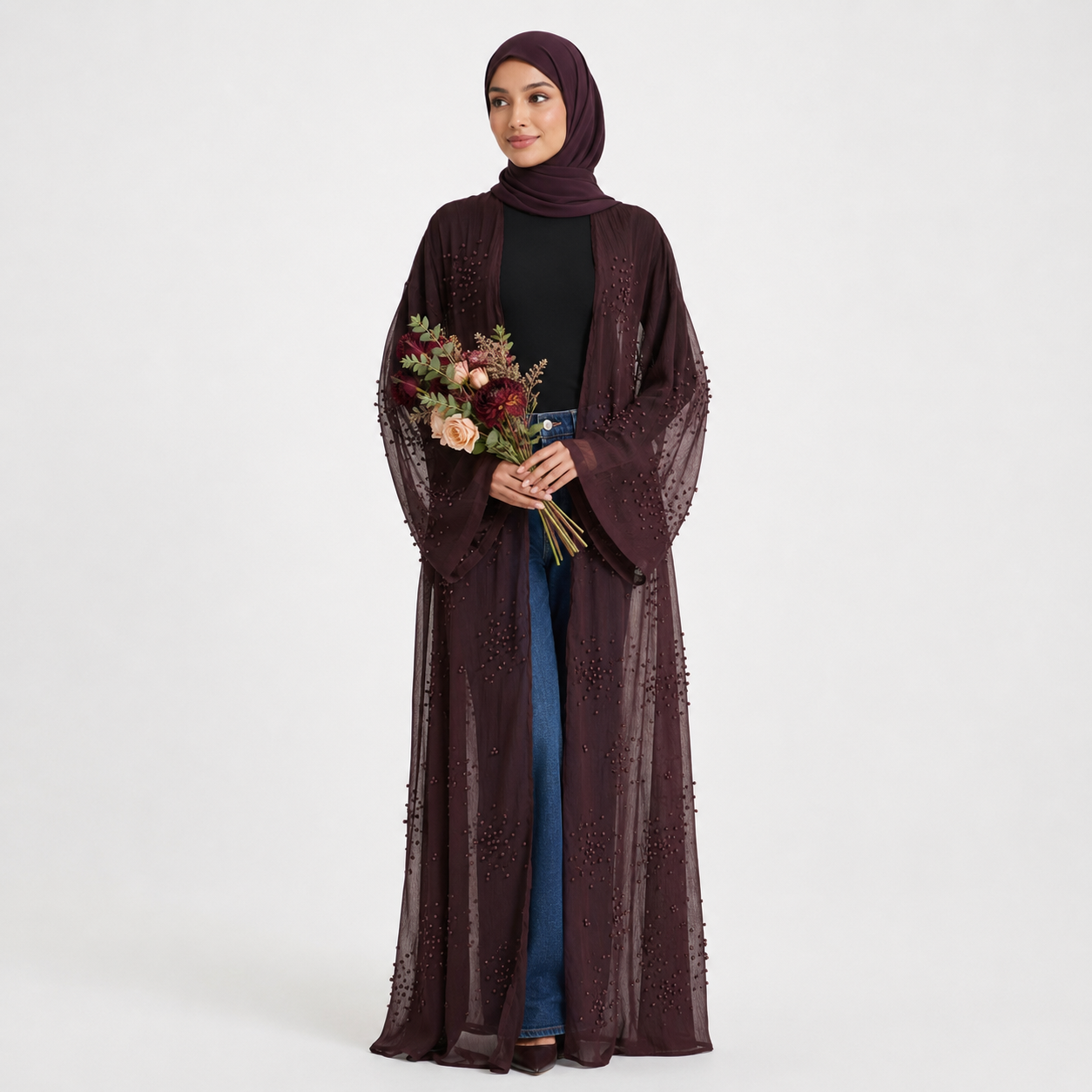 Chocolate Plum Pearl Open Abaya