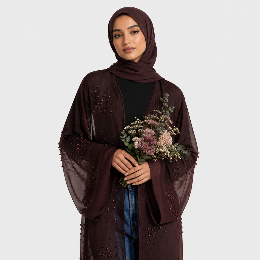 Chocolate Plum Pearl Open Abaya
