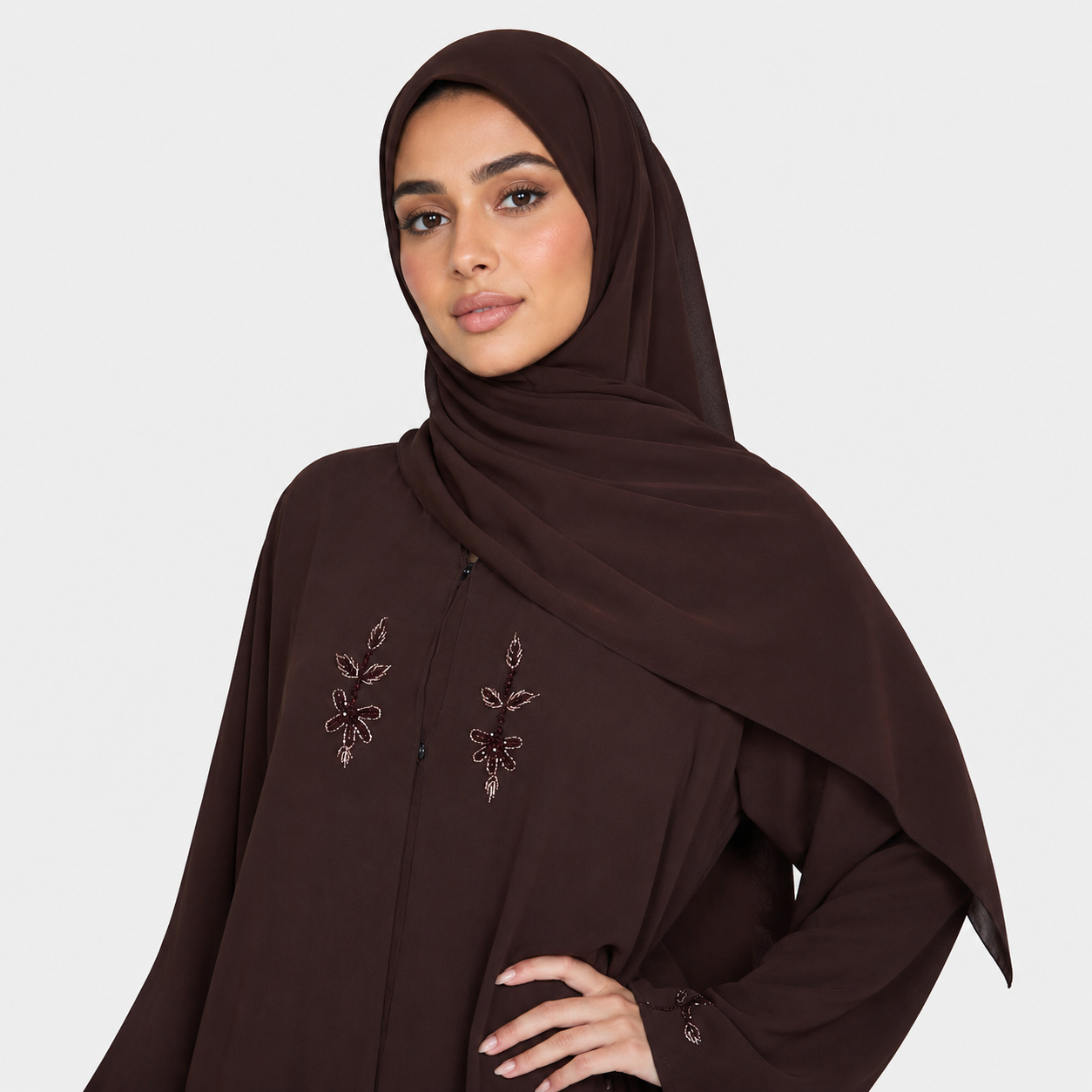 Embellished Chiffon Open Abaya in Dusky Brown