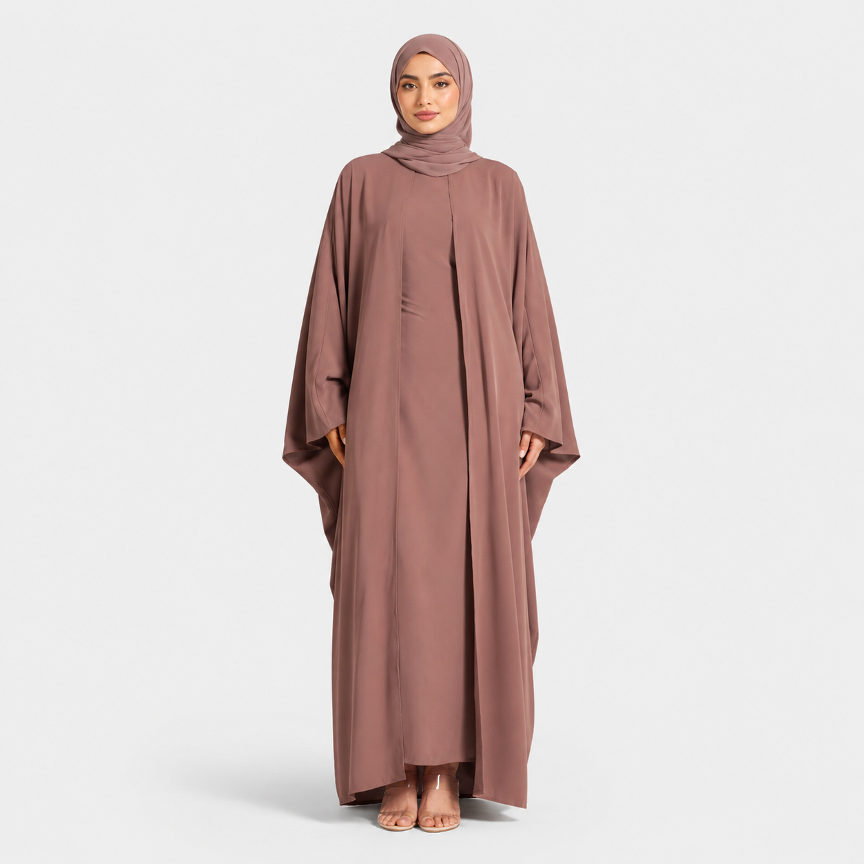 Light Brown Satin Maxi Dress with Flare Sleeves