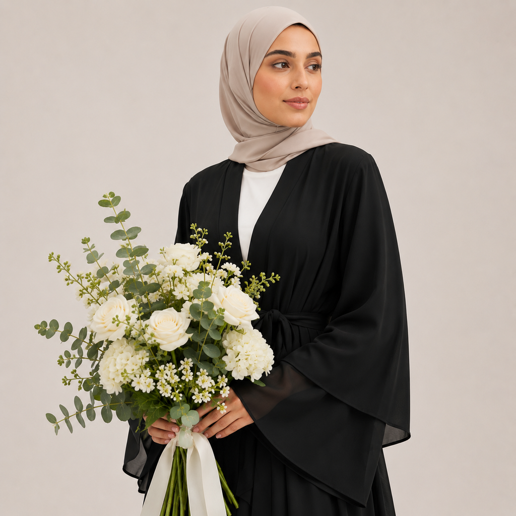 Woman in a black abaya holding a bouquet of flowers against a plain background