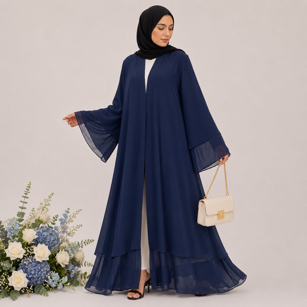 Woman wearing a navy blue abaya holding a white handbag with flowers on a light gray background