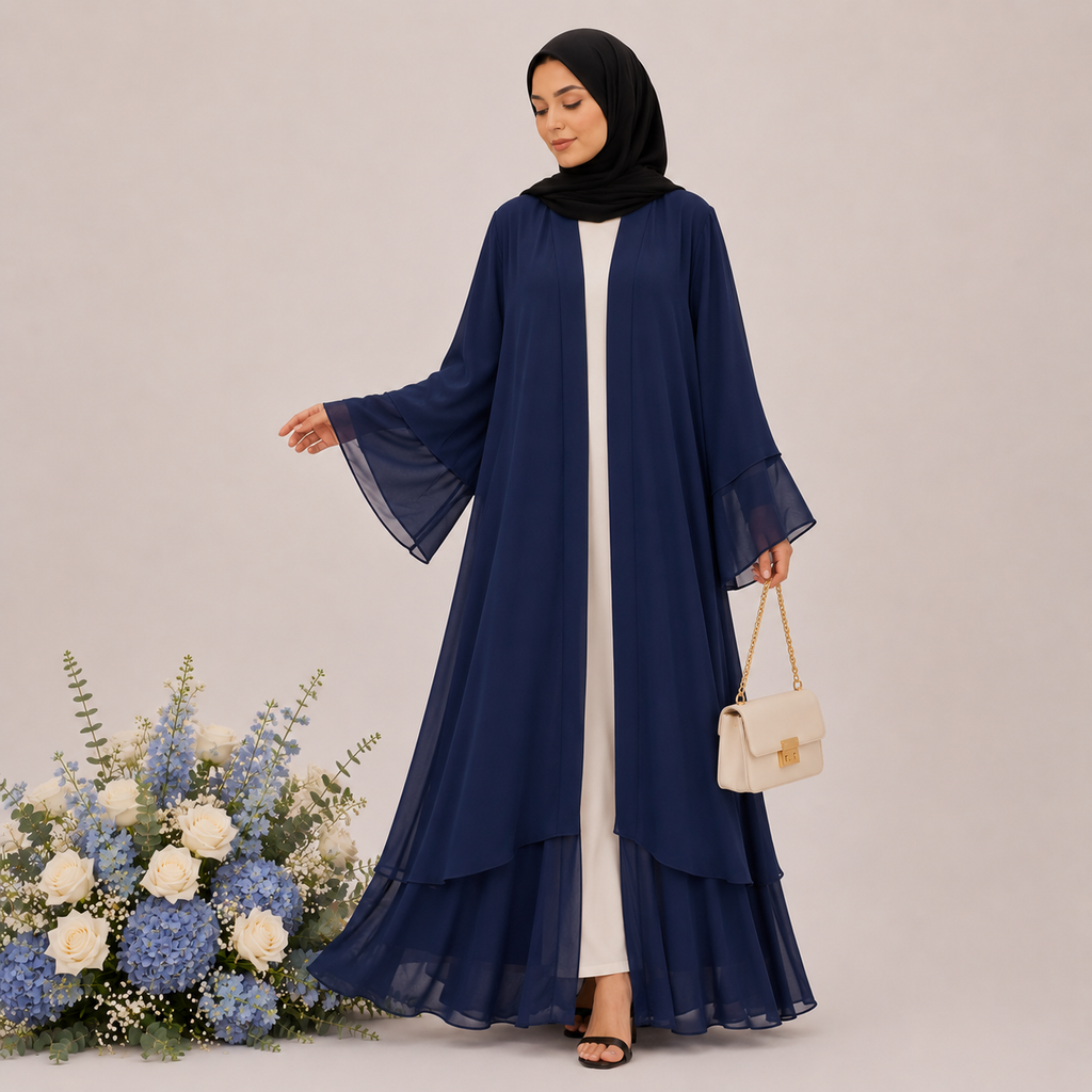 Woman wearing a navy blue abaya with a white dress underneath, standing next to floral decorations on a light gray background.