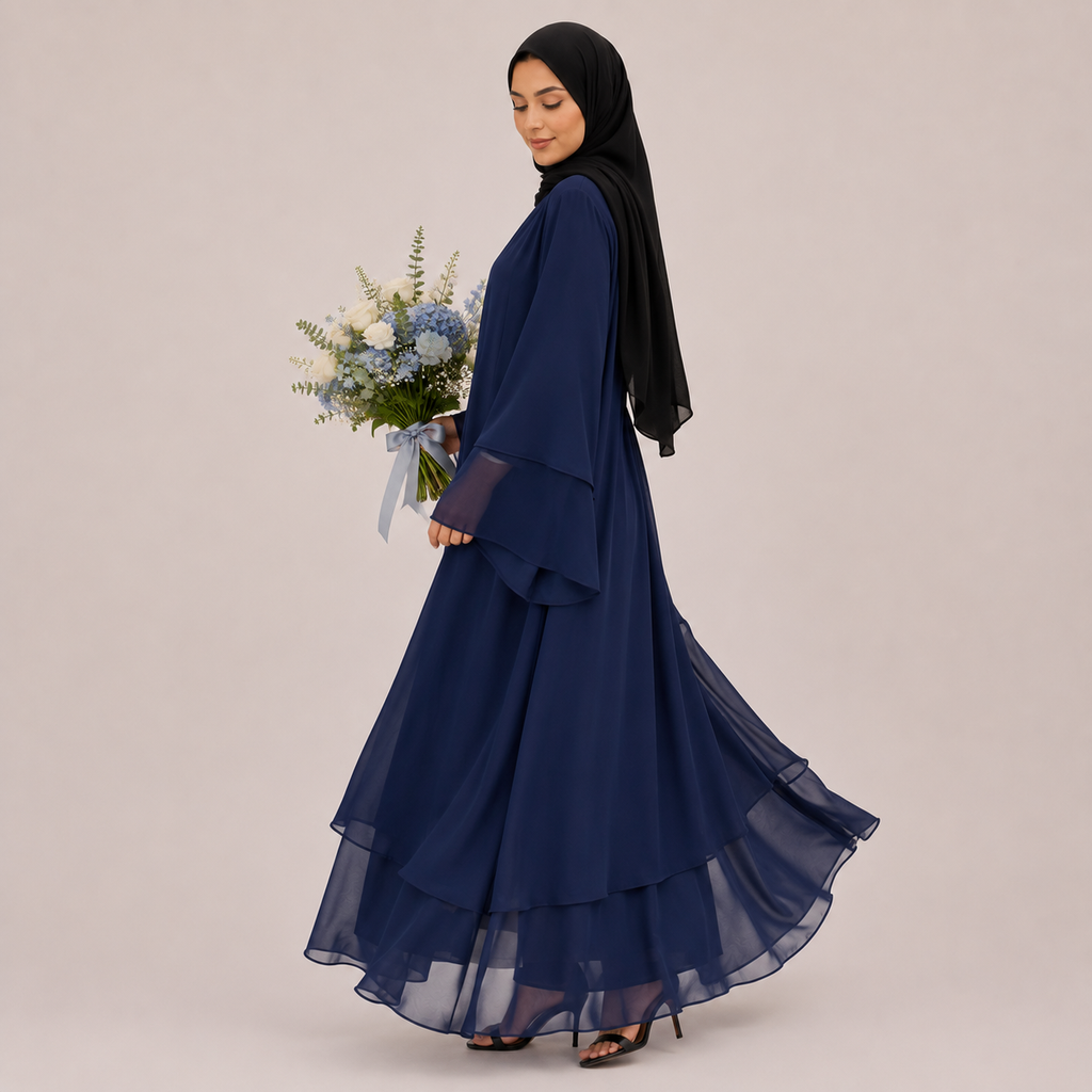 Woman wearing a navy blue dress holding a bouquet of flowers on a beige background