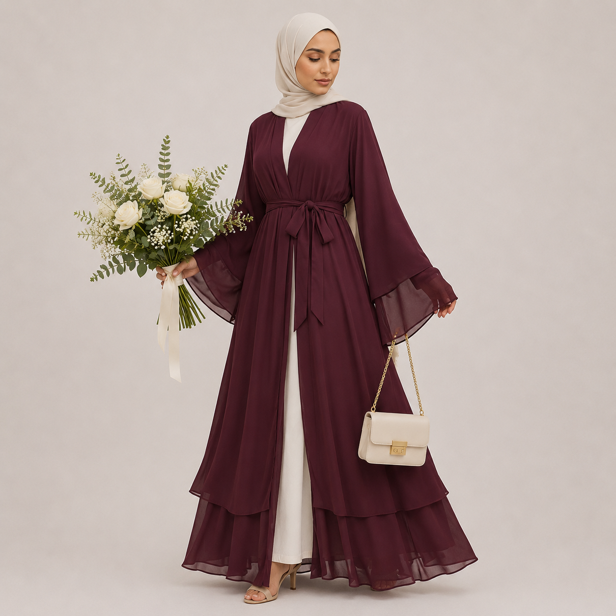 Woman in a burgundy abaya holding flowers and a handbag on a plain background