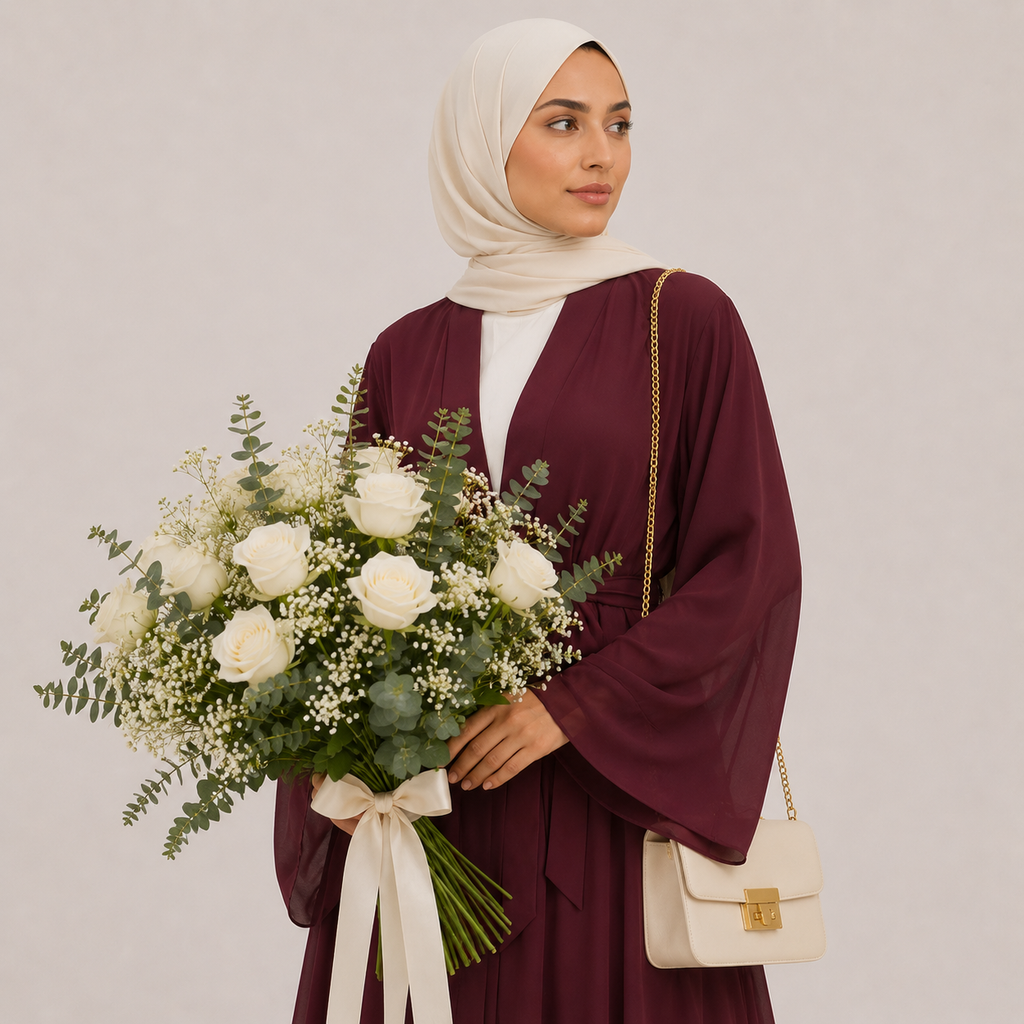 Woman in a burgundy abaya holding a bouquet of flowers against a plain background