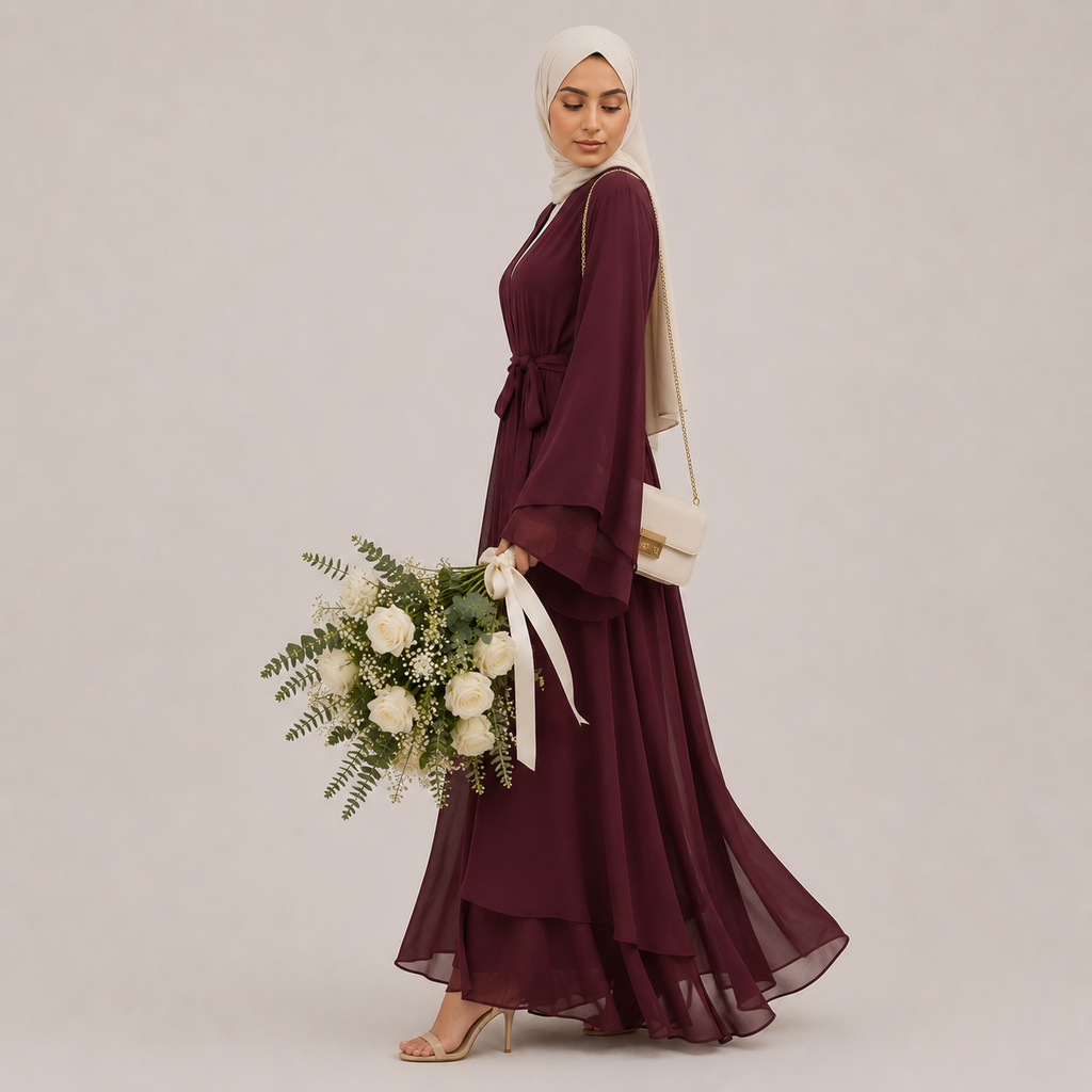 Woman in a burgundy dress holding a bouquet of flowers against a plain background