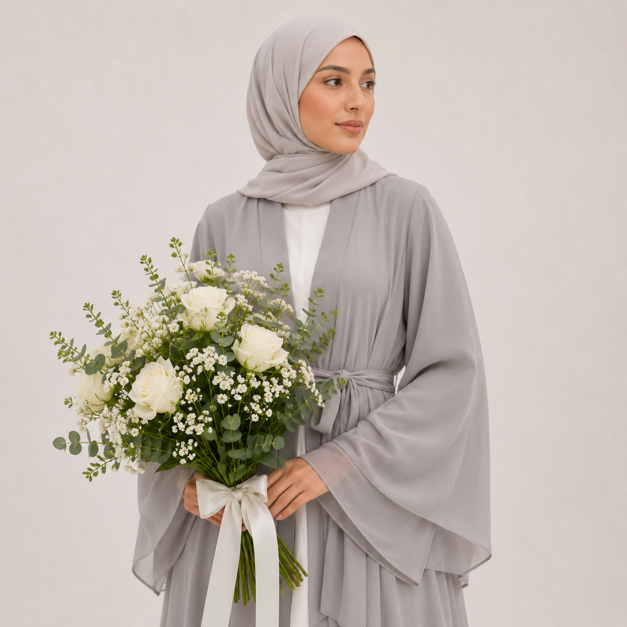 Woman in a gray hijab and matching outfit holding a bouquet of flowers against a plain background