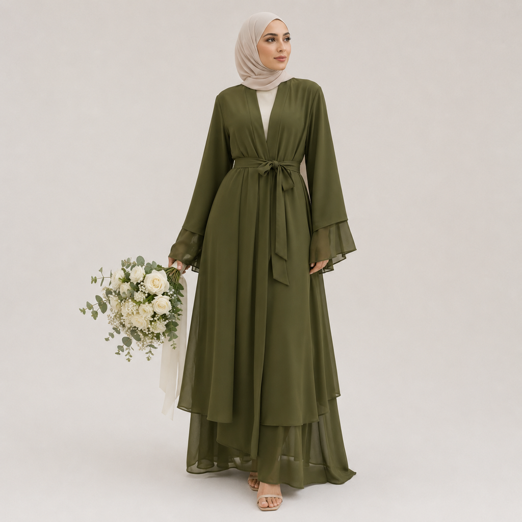 Woman wearing an olive green dress holding flowers on a plain background