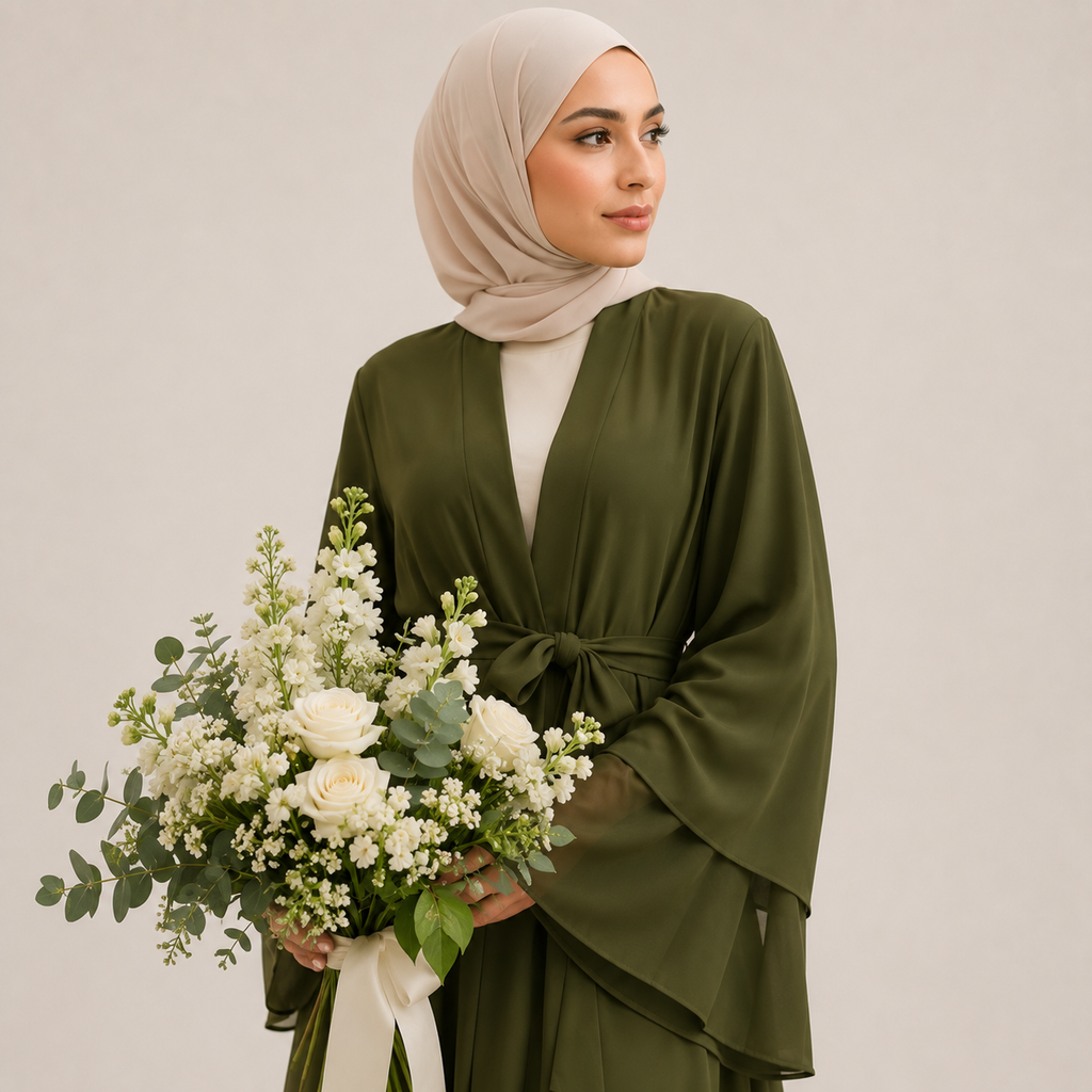 Woman in a green outfit holding a bouquet of flowers against a plain background