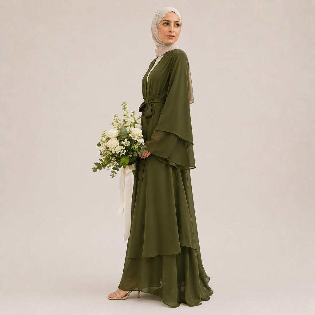 Woman in a green dress holding flowers against a plain background