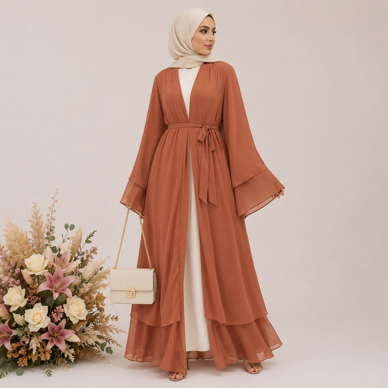 Woman wearing a long brown robe over a white dress, standing next to floral decorations on a plain background.