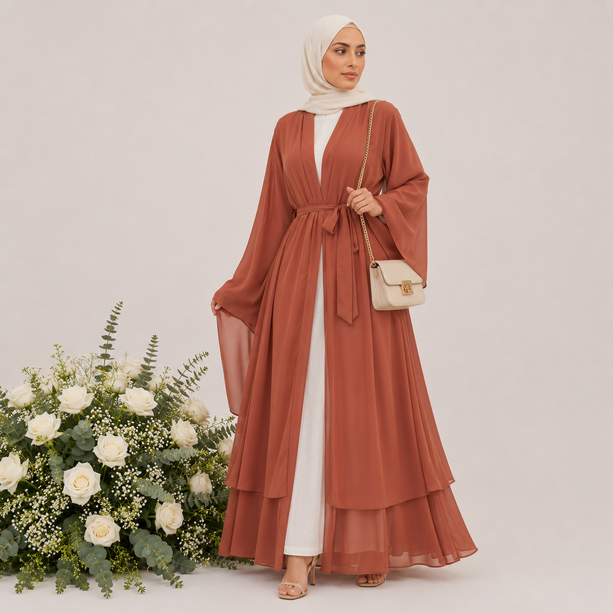 Woman in a long rust-colored dress with a white hijab standing next to a floral arrangement on a light background