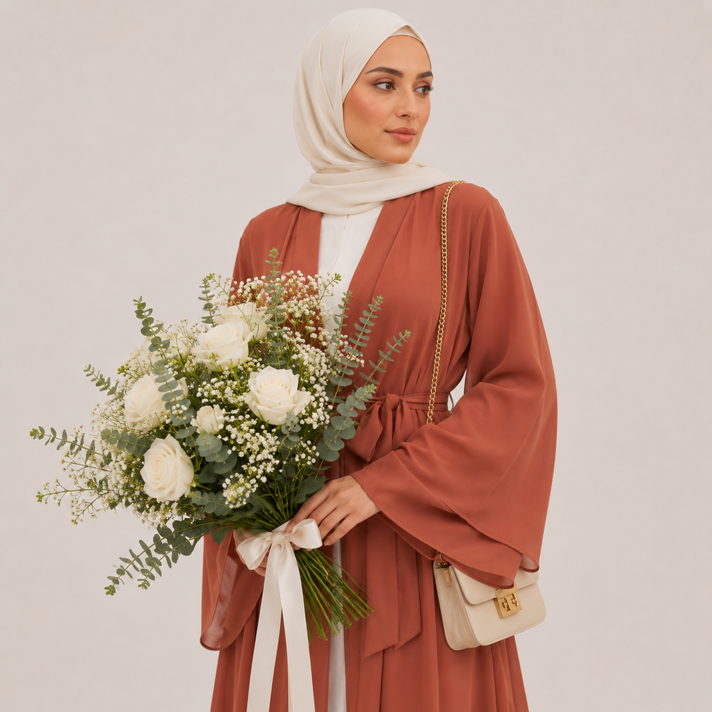 Woman in a rust-colored dress holding a bouquet of flowers and a white handbag on a plain background