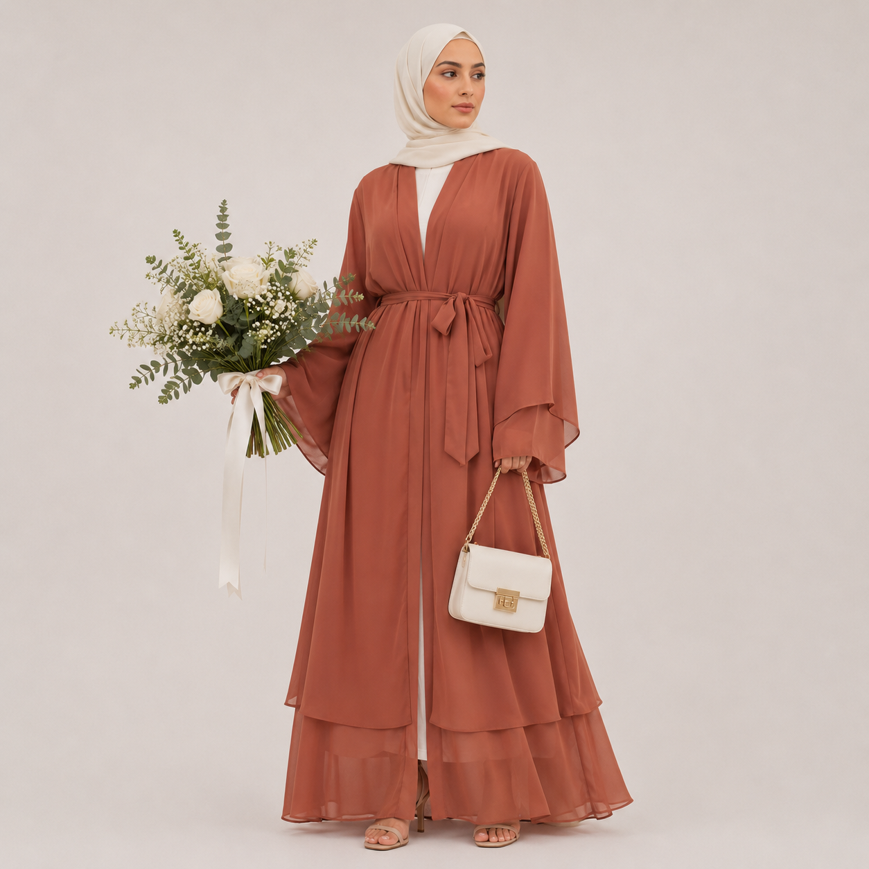 Woman in a long rust-colored dress holding a bouquet and a white handbag on a plain background