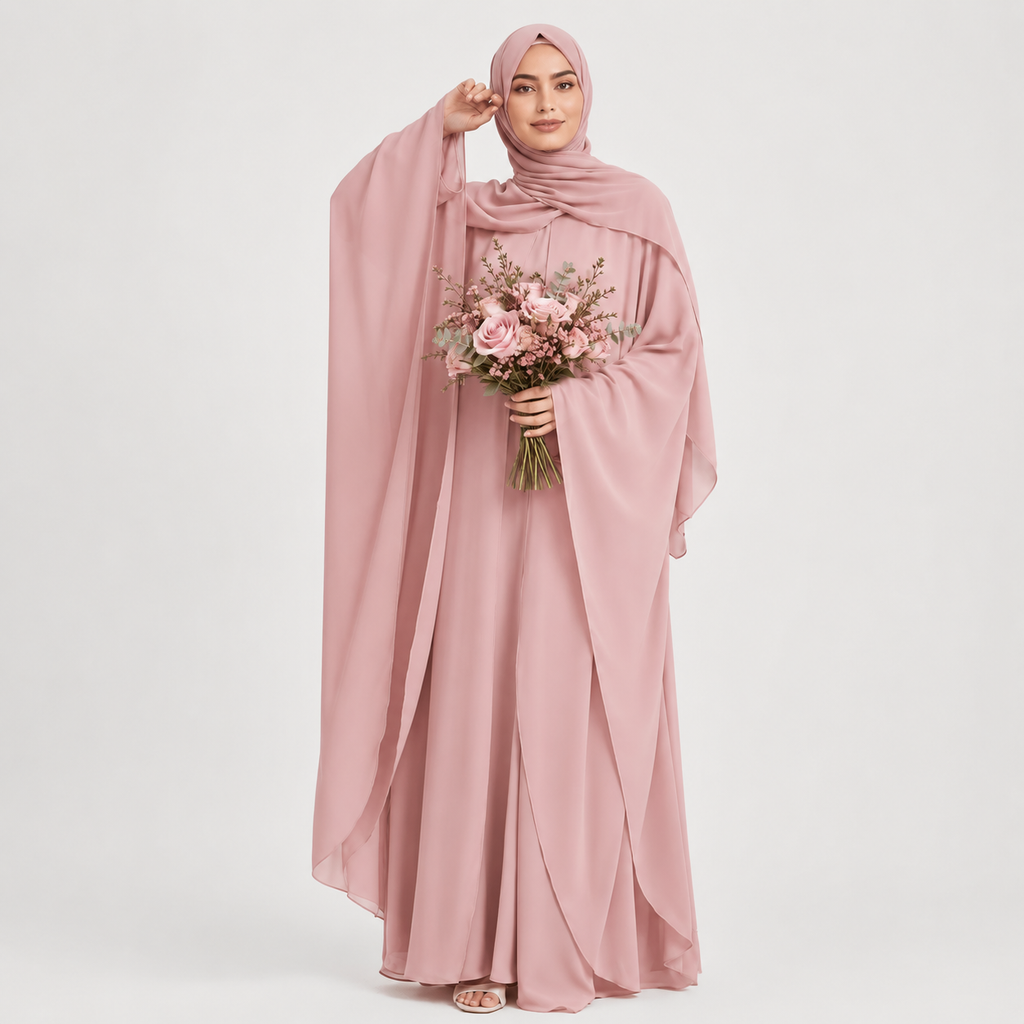 Woman in a pink abaya holding a bouquet of flowers on a white background