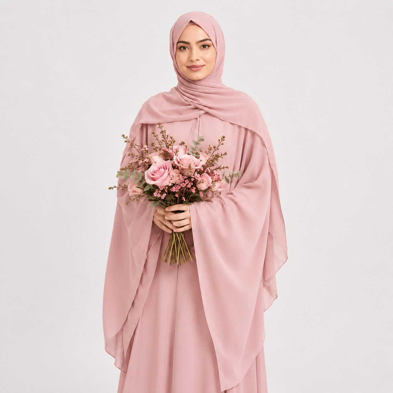 Woman wearing a pink hijab and holding a bouquet of flowers on a light gray background