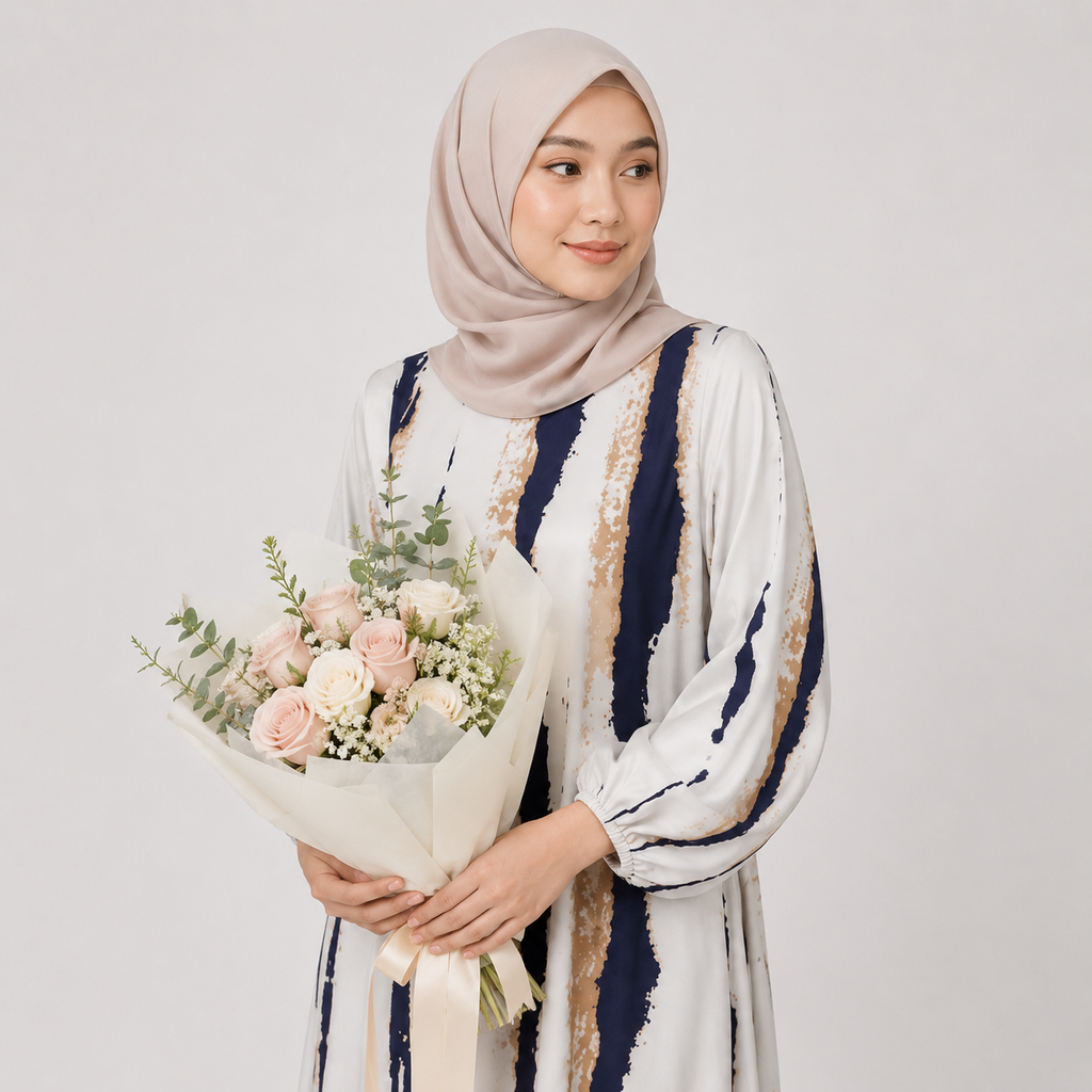Woman holding a bouquet of flowers wearing a hijab and a long, patterned garment on a plain background