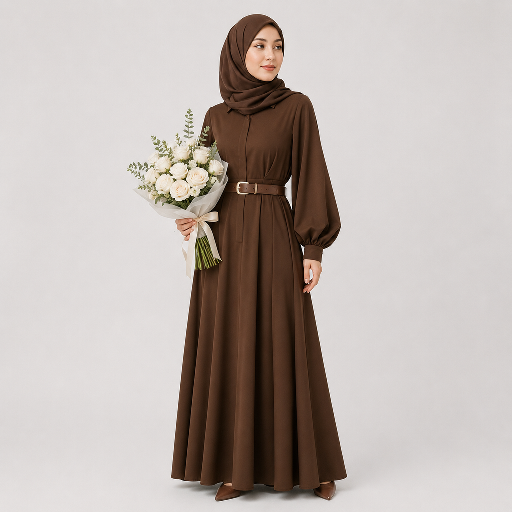 Woman wearing a brown dress and hijab holding flowers on a light gray background