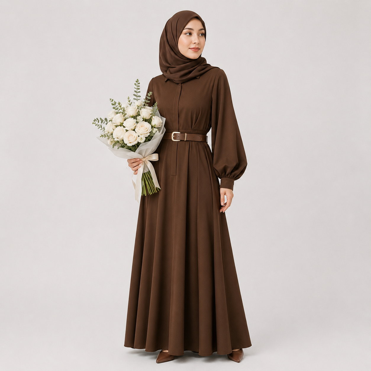 Woman wearing a brown dress and hijab holding flowers on a light gray background