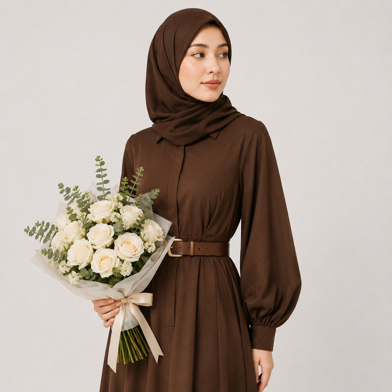 Woman in a brown dress holding a bouquet of flowers against a plain background