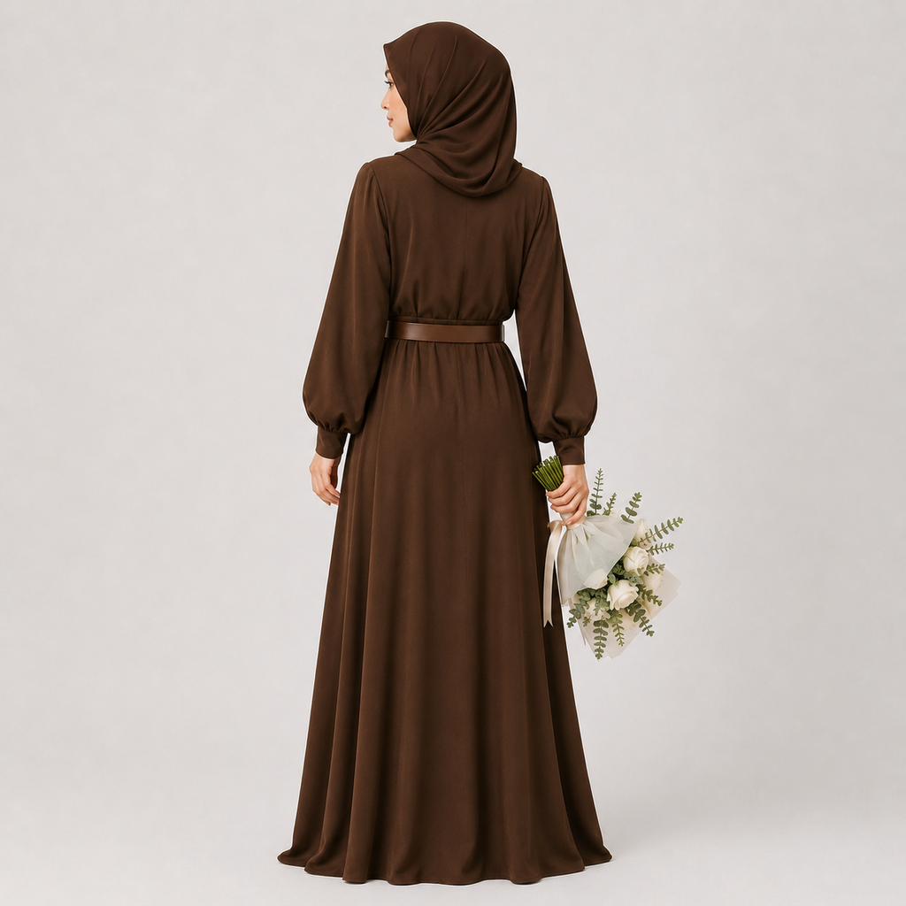 Woman in a brown dress holding flowers against a plain background