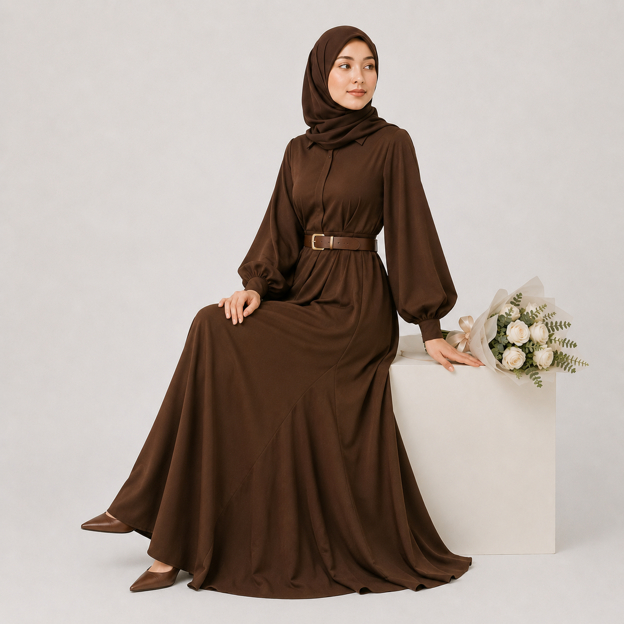 Woman in a brown dress and hijab holding a bouquet of flowers on a white background